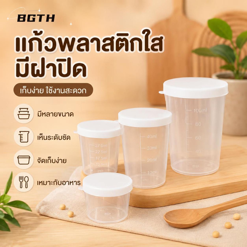 BSG 10 ชิ้นถ้วยตวงใสพร้อมฝาปิด 200/50/100 มล. Travel Liquid Medicine Organizer BSG