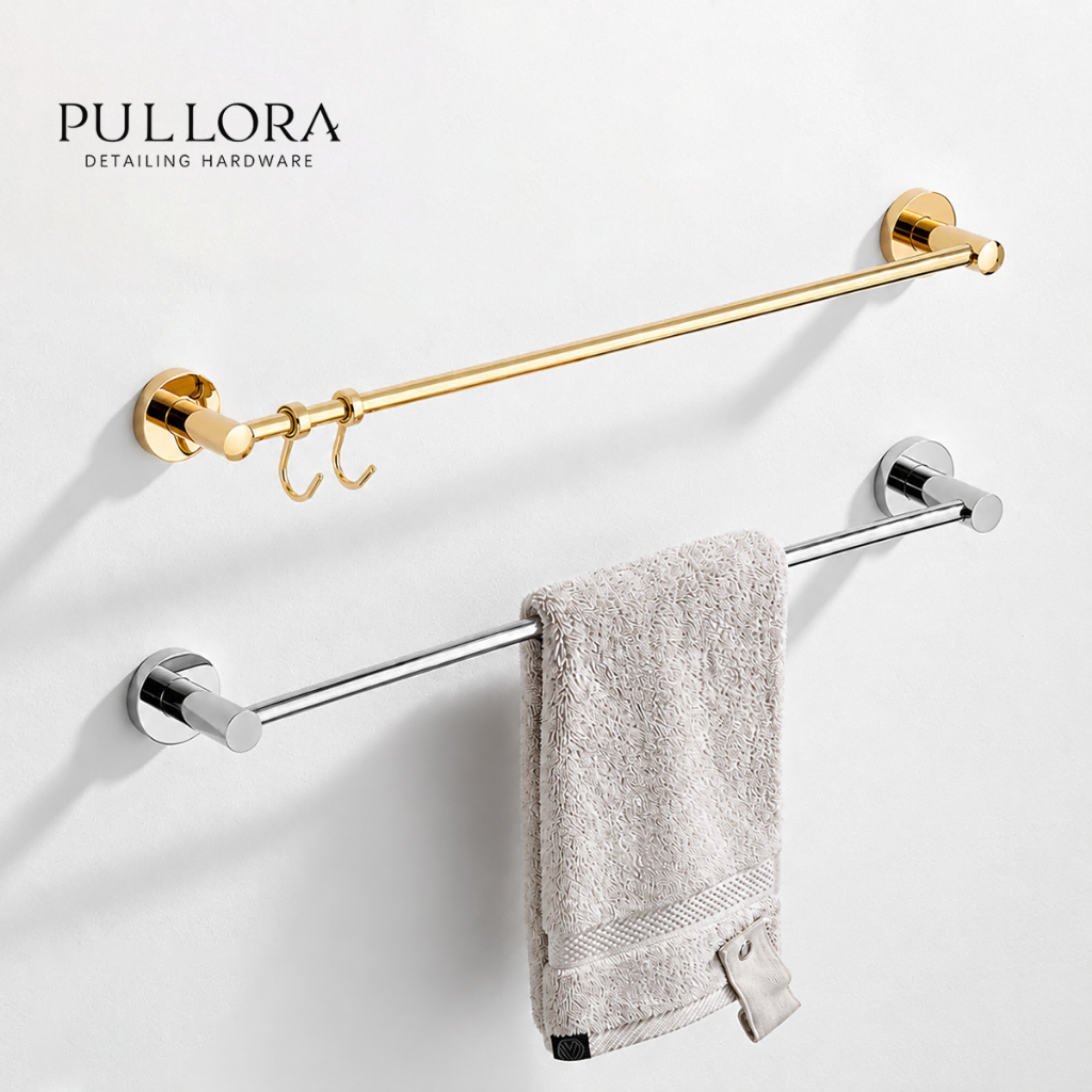 PULLORA ราวแขวนผ้าเช็ดตัวทองเหลืองแบบเดี่ยวยาวพิเศษ ติดผนังแบบไม่เจาะหรือใช้สกรู สำหรับห้องน้ำและห้องครัว สีทอง สีเงินเงา และสีเทากันเมทัล
