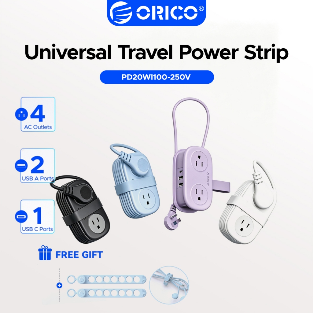 ORICO 7 in 1 แบบพกพา Travel Power Strip 4AC Outlet 2USB-A + 1USB-C Wound Cord 1.25M US Plug Compact Pocket Extension Cord