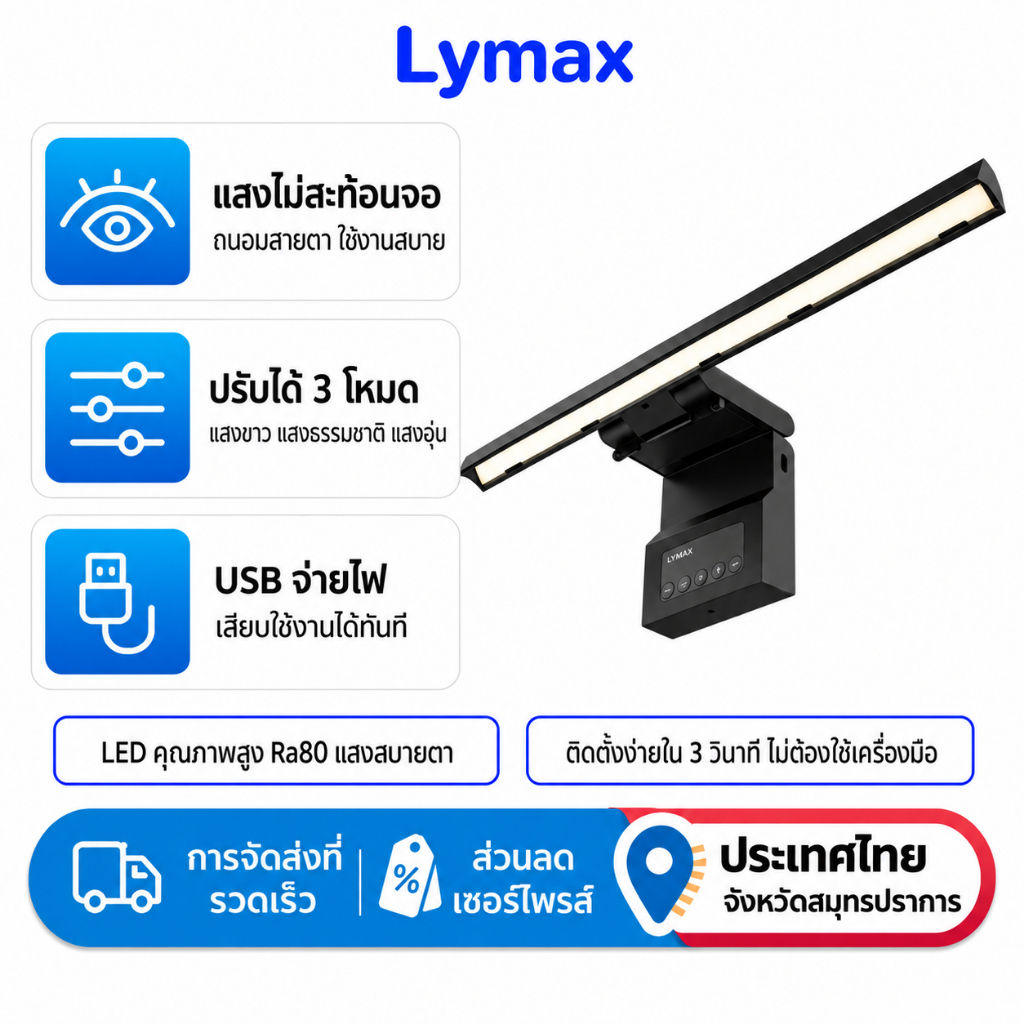 Lymax Monitor โคมไฟแขวน GJS-DP02 Touch Dimming แหล่งจ่ายไฟ USB 3 โหมดอุณหภูมิสีโคมไฟจอภาพ