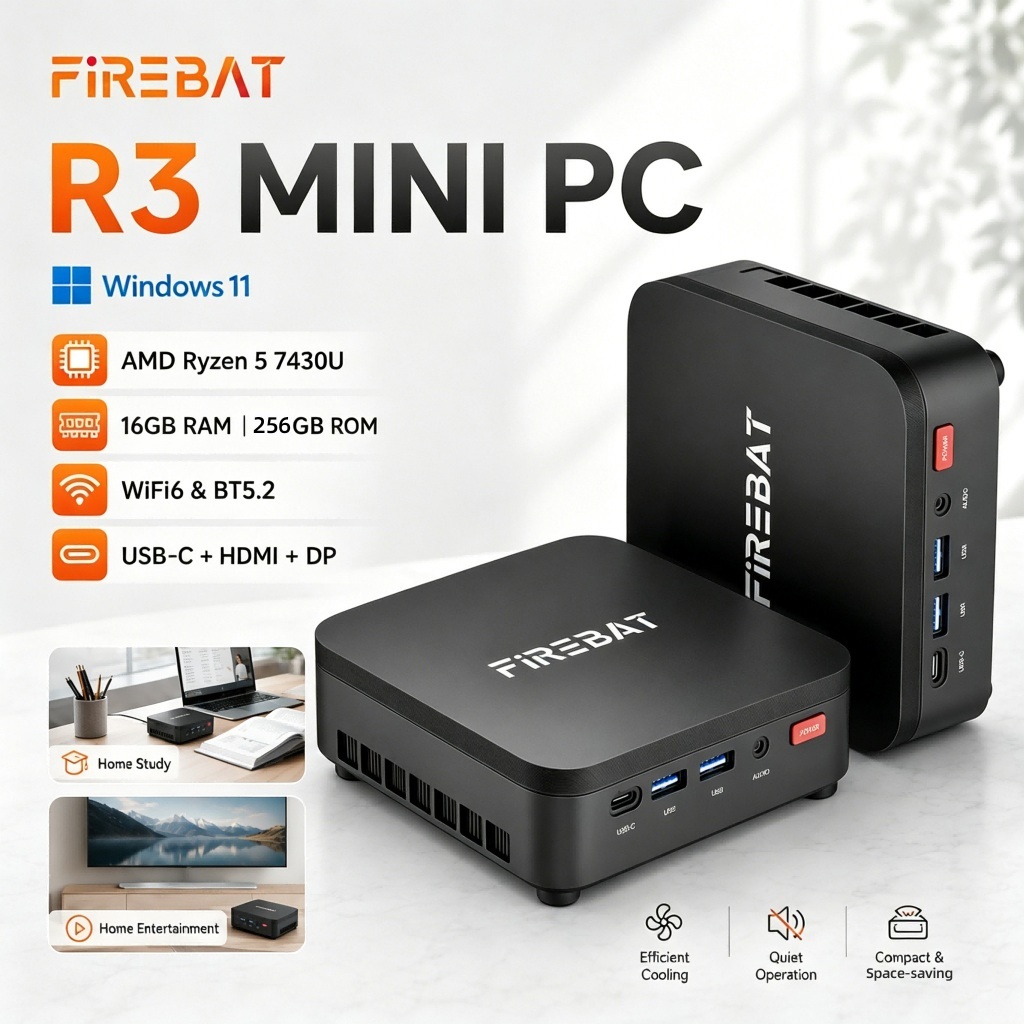 FIREBAT R3 มินิพีซี AMD Ryzen5 7430U AMD Radeon กราฟิก 16GB LPDDR4 256GB Windows11