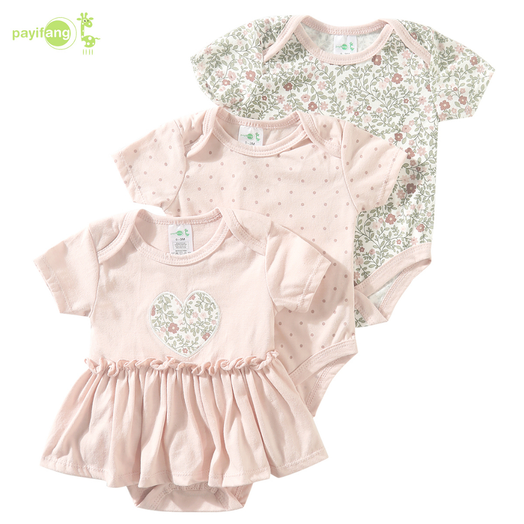 Peifang-3 ชิ้นดอกไม้ Dot เด็กผู้หญิง Onesies ทารกแรกเกิด Tulles Romper แขนสั้นบอดี้สูทผ้าฝ้ายนุ่ม