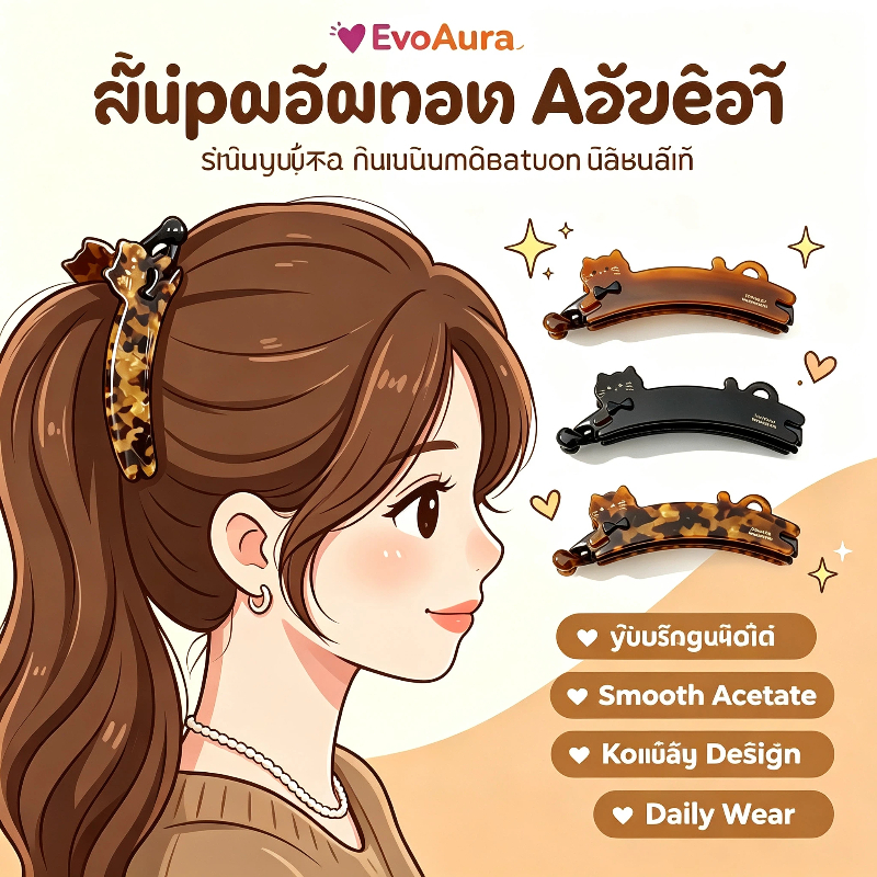 กิ๊บกล้วยลายแมวญี่ปุ่น อะซิเตทพรีเมียม สไตล์เกาหลี เรียบหรู จับผมแน่น 11cm EvoAura