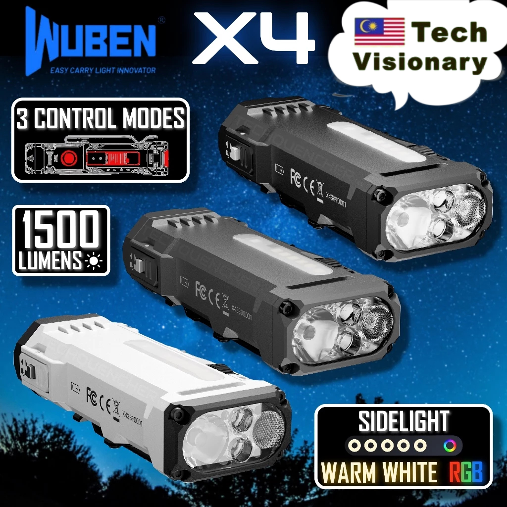 ไฟฉาย Wuben X4 - 1500 Lumens - ไฟด้านข้าง - แบตเตอรี่แบบถอดได้ 18650 - ชาร์จ USB-C - IP68