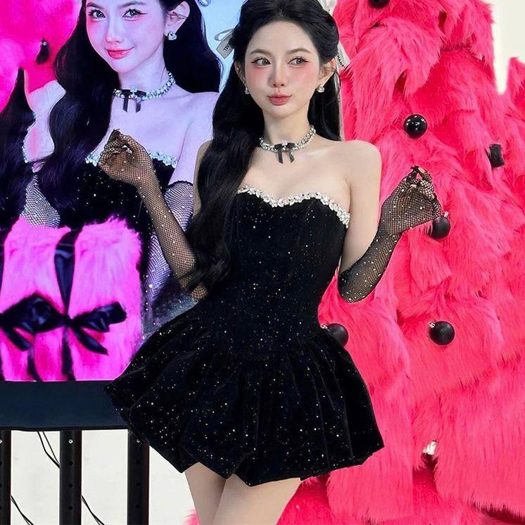 [ส่วนลด 50% ขายร้อน] SWTGALS High-End Dress Niche Heavy Industry Fine กระพริบ Tube Top Dress Retro S