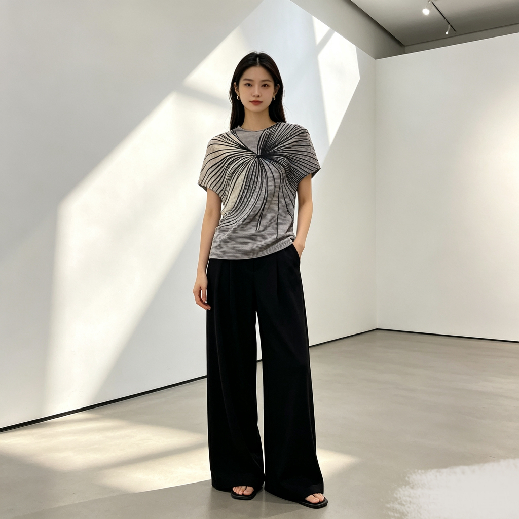 Elegant Casual จีบด้านบนอารมณ์พิมพ์แขนสั้นจีบเสื้อยืด All-Match Slimmer ดู Slimmer ทั้งหมด @-