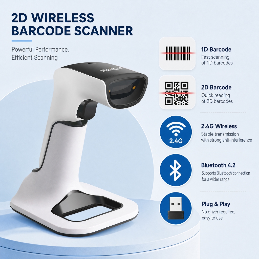 2D Wireless BarcodScanner 3‐in-1 Bluetooth & 2.4G Wireless & USB Wired QR Code Scanner พร้อมฐานชาร์จ