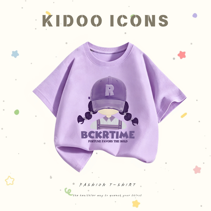 KIDOO ICONS เสื้อยืดเด็กผู้หญิงคอกลมฤดูร้อน สไตล์ลำลองทรงหลวม ลายสกรีนการ์ตูนเด็กผู้หญิง เนื้อนุ่มยืดหยุ่น ผ้าฝ้าย100%#TZSLN+2937