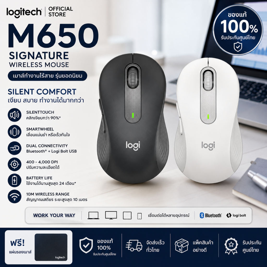 Logitech M650 Signature เมาส์ไร้สาย SilentTouch SmartWheel Bluetooth + Logi Bolt 4000 DPI