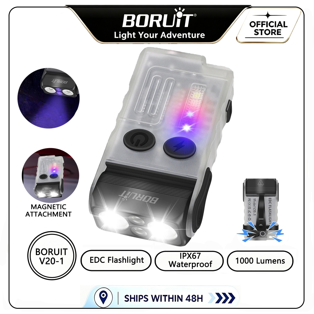 BORUiT V20-1 ไฟฉายพวงกุญแจขนาดเล็ก 1000LM 365nm ฟังก์ชั่นหน่วยความจํา UV IP67 กันน้ํา 110dB Alarm แม