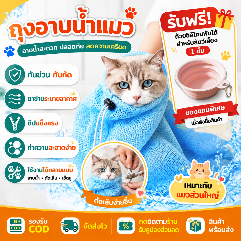 [พร้อมส่ง] ถุงอาบน้ำแมว ถุงตาข่ายอาบน้ำแมว กันข่วน ตัดเล็บแมว ปรับขนาดได้ เกรดพรีเมี่ยม