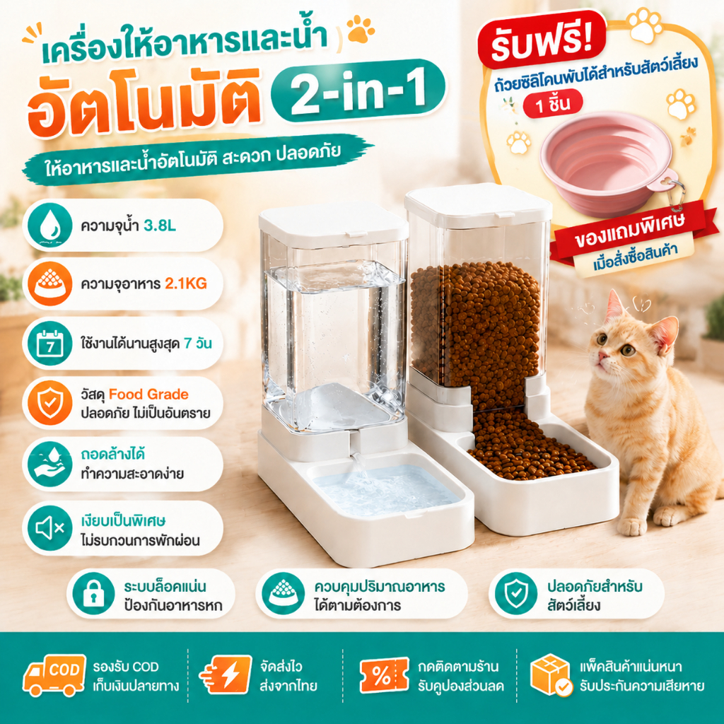 [พร้อมส่ง] ที่ให้อาหารสัตว์เลี้ยง 2IN1 เครื่องให้น้ำและอาหารสัตว์เลี้ยงอัตโนมัติ ชามแมว COD