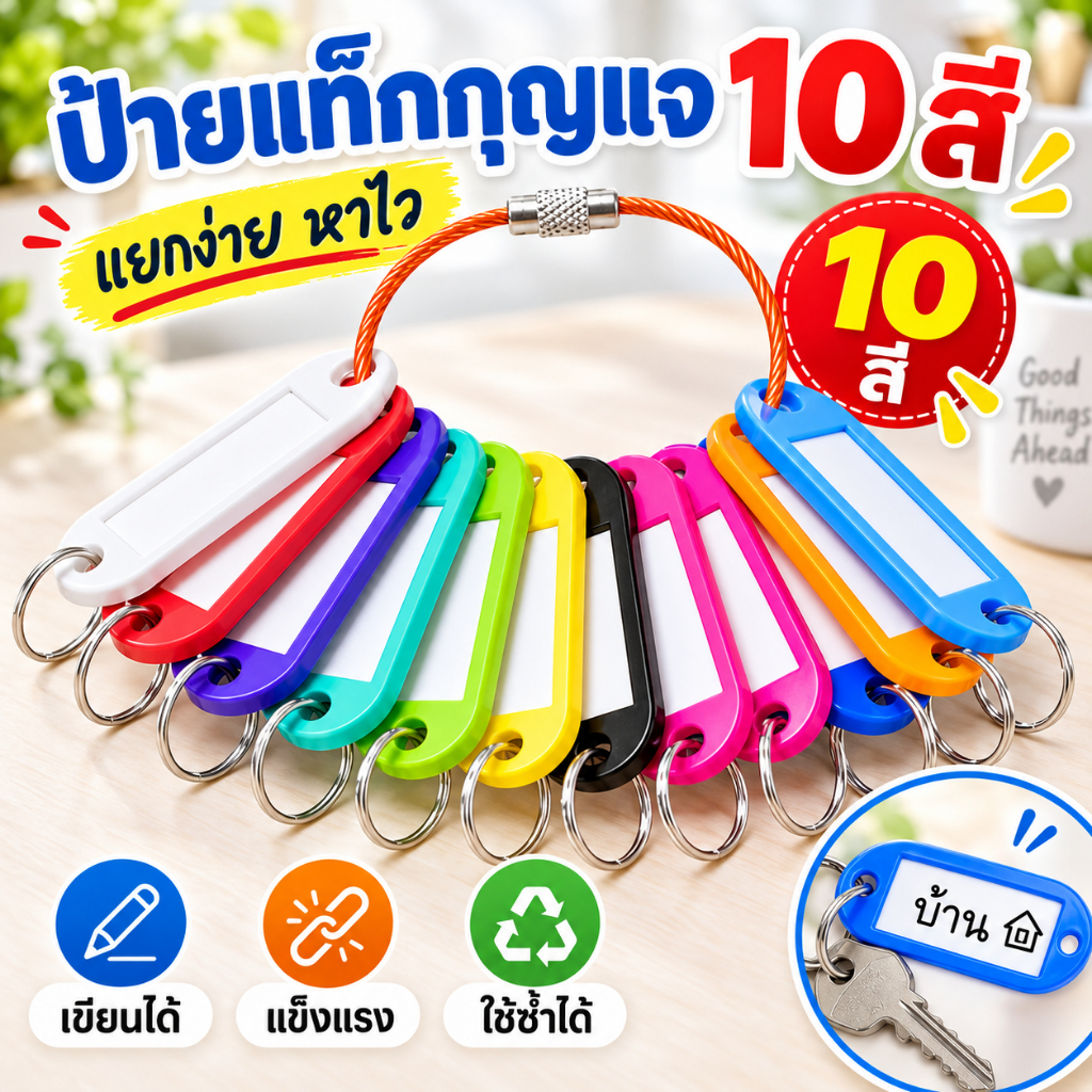 ป้ายแท็กกุญแจสี พร้อมป้ายตัวเลข — วงแหวนลวดเหล็กแข็งแรงทนทาน ใช้จัดระเบียบกุญแจได้หลายแบบ เหมาะสำหรับบ้าน สำนักงาน โรงแรม หอพัก