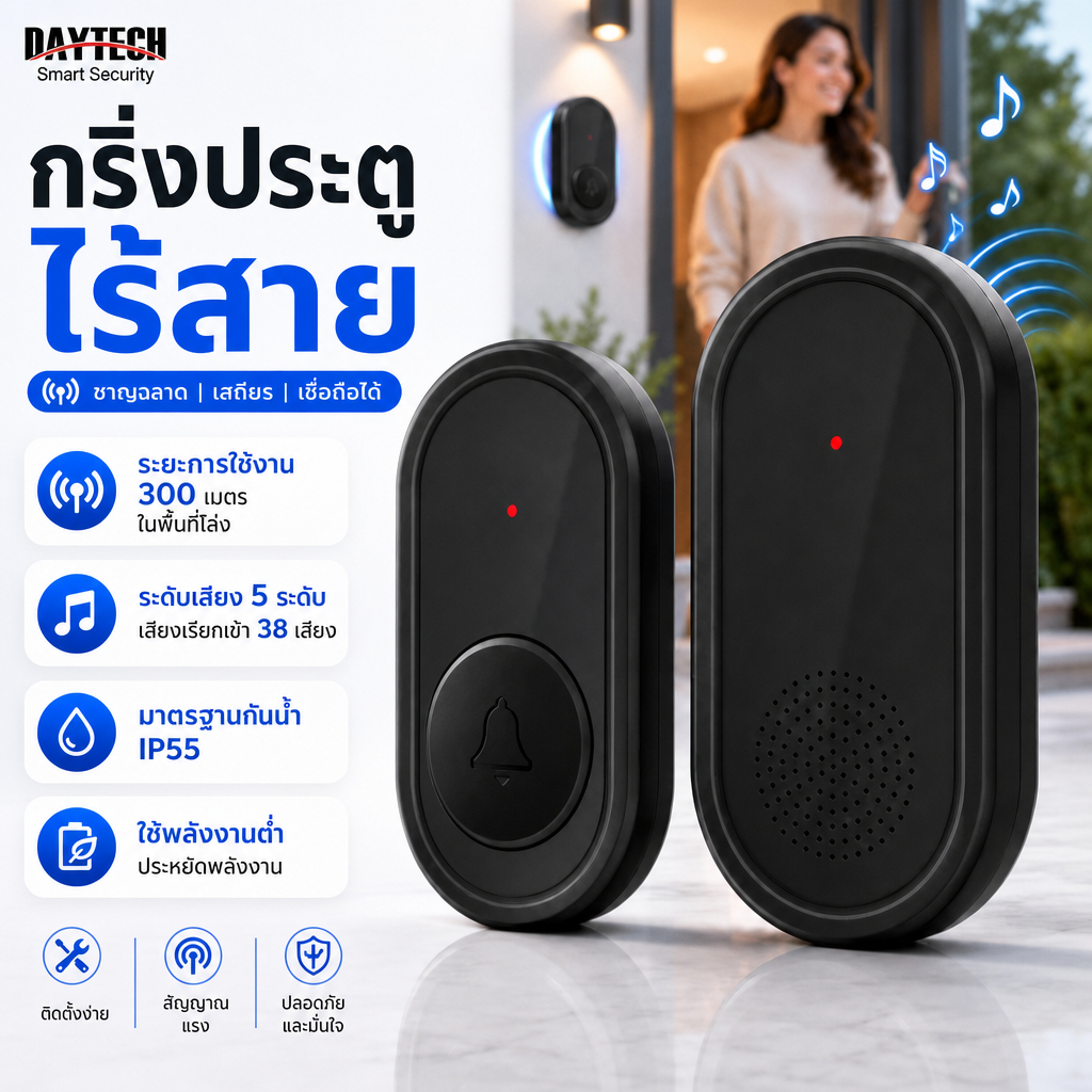 Daytech Wireless Doorbell US Plug Door Bell ไร้สาย Chimes กันน้ํา 30M Range 60 Ringtone 0-110dB DB32