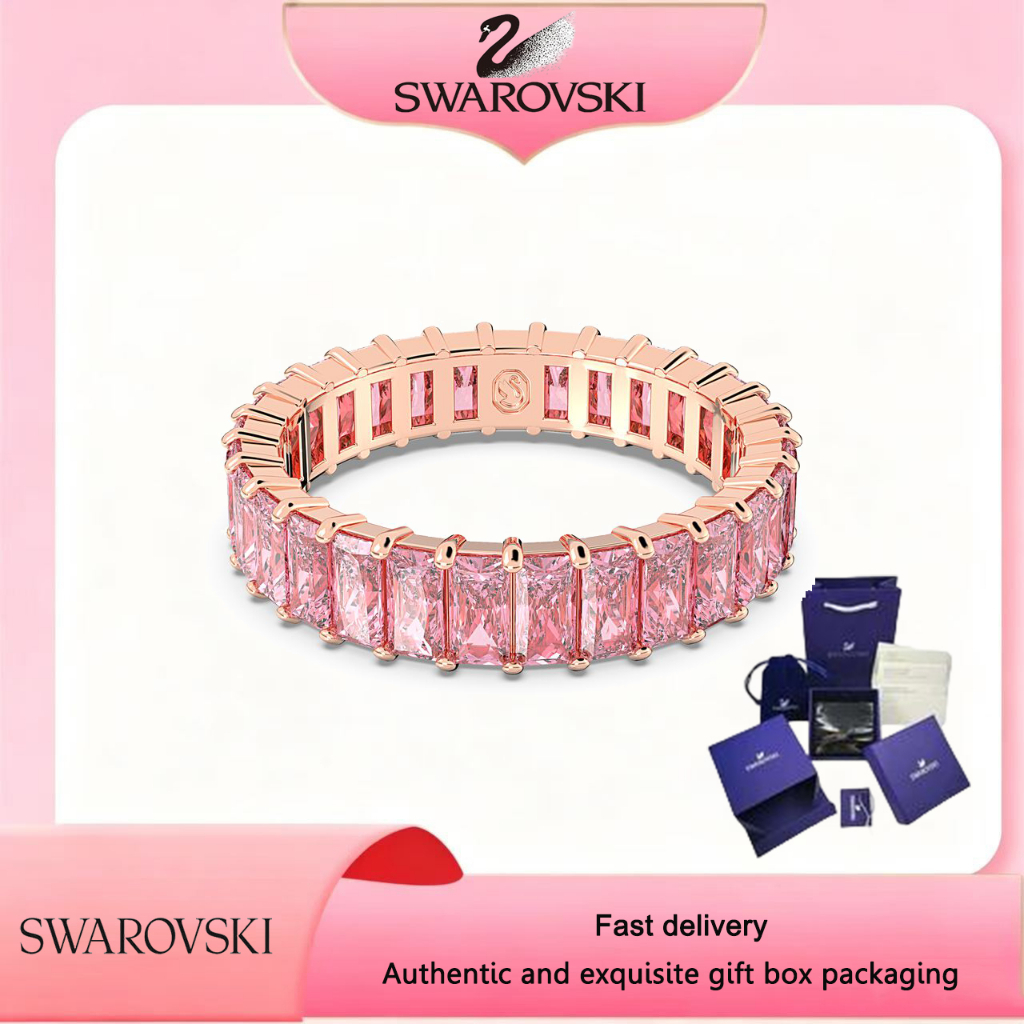 Swarovski (ใหม่)แหวนแฟชั่น Rose Gold Baguette ตัดคริสตัลสีชมพูอัญมณี Matrix แหวนของขวัญวันวาเลนไทน์ของขวัญวันเกิด