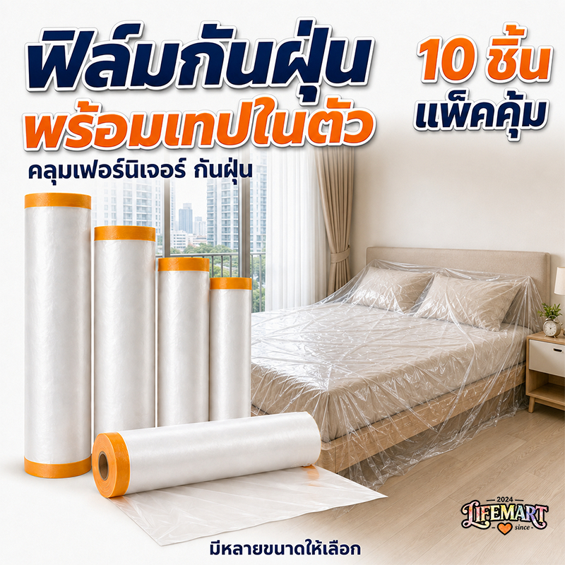 พลาสติกคลุมเฟอร์นิเจอร์ 10ม้วน พลาสติกปิดพ่นสี มีเทปกาวในตัว ป้องกันฝุ่น วัสดุหนาขึ้น ป้องกันสีเปื้อน งานก่อสร้าง ใช้สำหรับปรับปรุงบ้าน