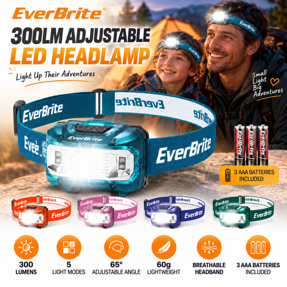 EVERBRITE 300/50 Kids Headlamp ลูเมน ไฟฉายคาดหัวสําหรับเด็ก,ไฟท้าย,แถบคาดศีรษะปรับได้-สําหรับวิ่งเทรล,แคมป์ปิ้ง,เดินป่า,ของขวัญวันเด็ก