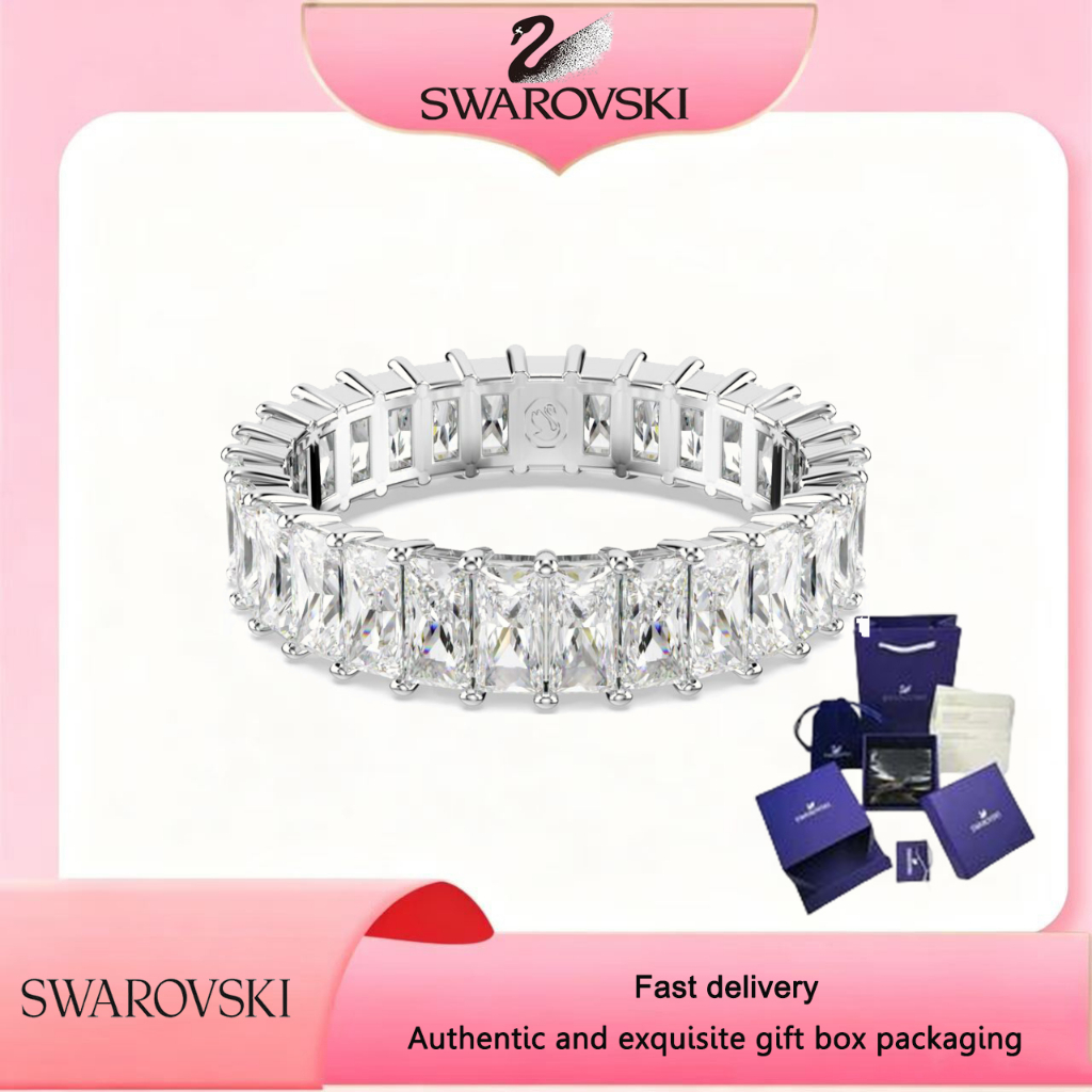 Swarovski (ใหม่)แหวนแฟชั่น S925 เงินสเตอร์ลิง Baguette ตัดคริสตัลสีขาวอัญมณี Matrix แหวนของขวัญวันวาเลนไทน์ของขวัญวันเกิด