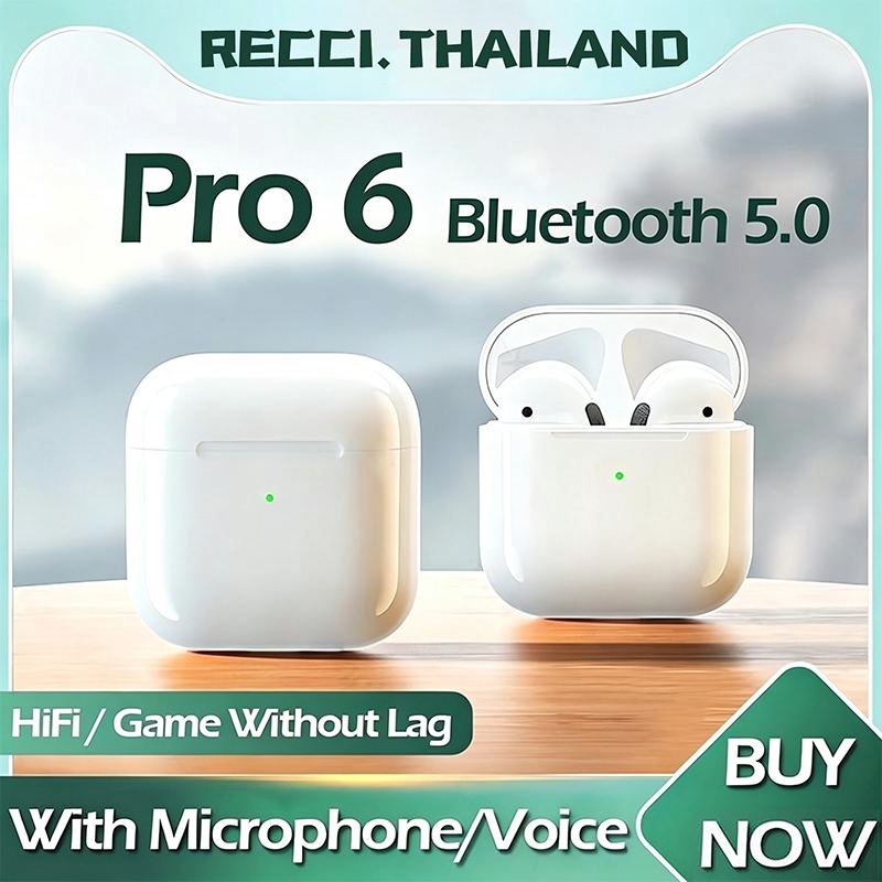 หูฟังบลูทูธไร้สาย TWS Pro 6 บลูทูธ 5.0 หูฟังบลูทูธพร้อมไมโครโฟนไฮไฟสเตอริโอชุดหูฟังไร้สาย ควบคุมแบบสัมผัส ลดเสียงรบกวน เชื่อมต่อรองรับphone Android