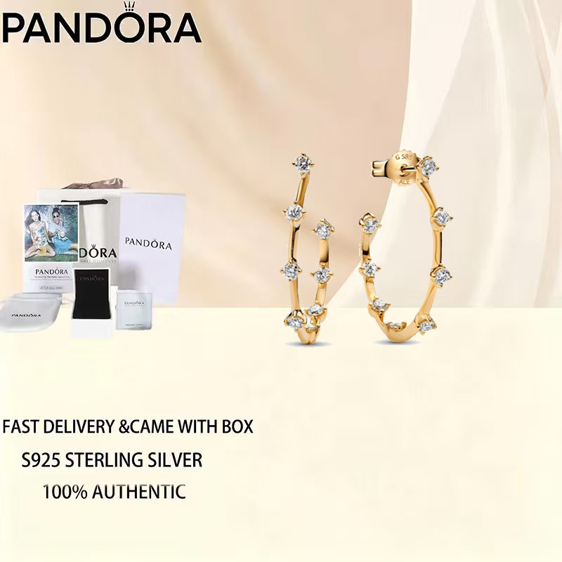 เครื่องประดับแฟชั่นสตรี Gold Plated Pandora Era Lab-Grown Diamond Station Hoop ต่างหู ​ของขวัญวันเกิ