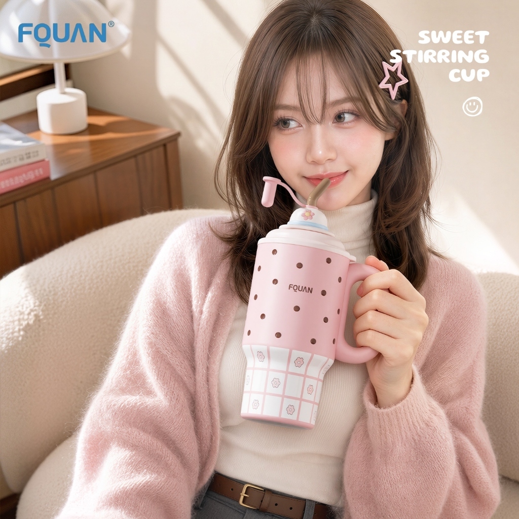 FQUAN แก้วน้ำเก็บอุณหภูมิ เซรามิกด้านใน แก้วน้ำมีหลอด น่ารัก สไตล์เกาหลี จุเยอะ พกพาสะดวก ไม่มีกลิ่น