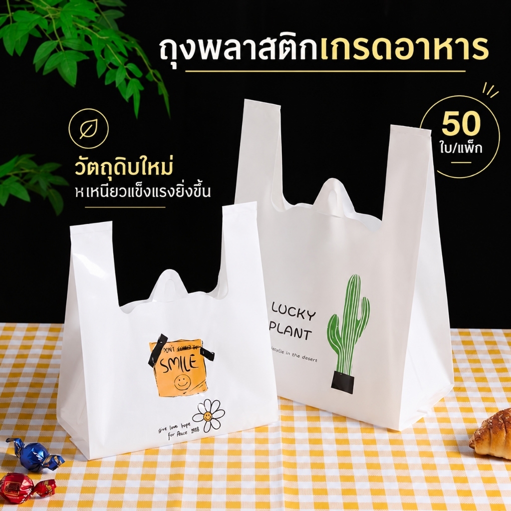 50 ใบ ถุงพลาสติกหูหิ้วสีขาวน้ำนมแบบหนา สำหรับใส่ขนมเบเกอรี่ เหมาะกับขนมปัง เค้ก และอาหารซื้อกลับบ้าน หูหิ้วแข็งแรง พกพาสะดวก ช่วยจัดสินค้าให้เป็นระเบียบ เนื้อถุงทนทานดี ใช้งานง่ายสำหรับการบรรจุและถือกลับบ้าน เหมาะสำหรับจัดเตรียมสินค้าและใช้งานประจำวัน