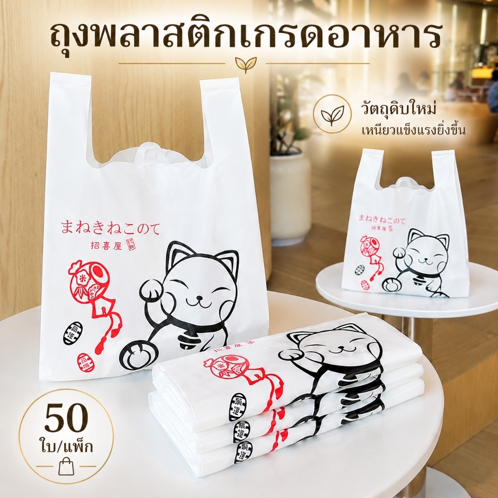 50 ใบ ถุงพลาสติกหูหิ้วทรงเสื้อกั๊กลายแมวกวักนำโชค สำหรับช้อปปิ้ง ใส่อาหารและขนมซื้อกลับบ้าน หูหิ้วแข็งแรงดี พกพาสะดวก ช่วยจัดของให้เป็นระเบียบ ใช้งานง่าย เหมาะสำหรับของขวัญ ร้านค้า ซูเปอร์มาร์เก็ต และการใช้งานประจำวัน ปากถุงกว้าง ใส่ของง่ายและถือสะดวก