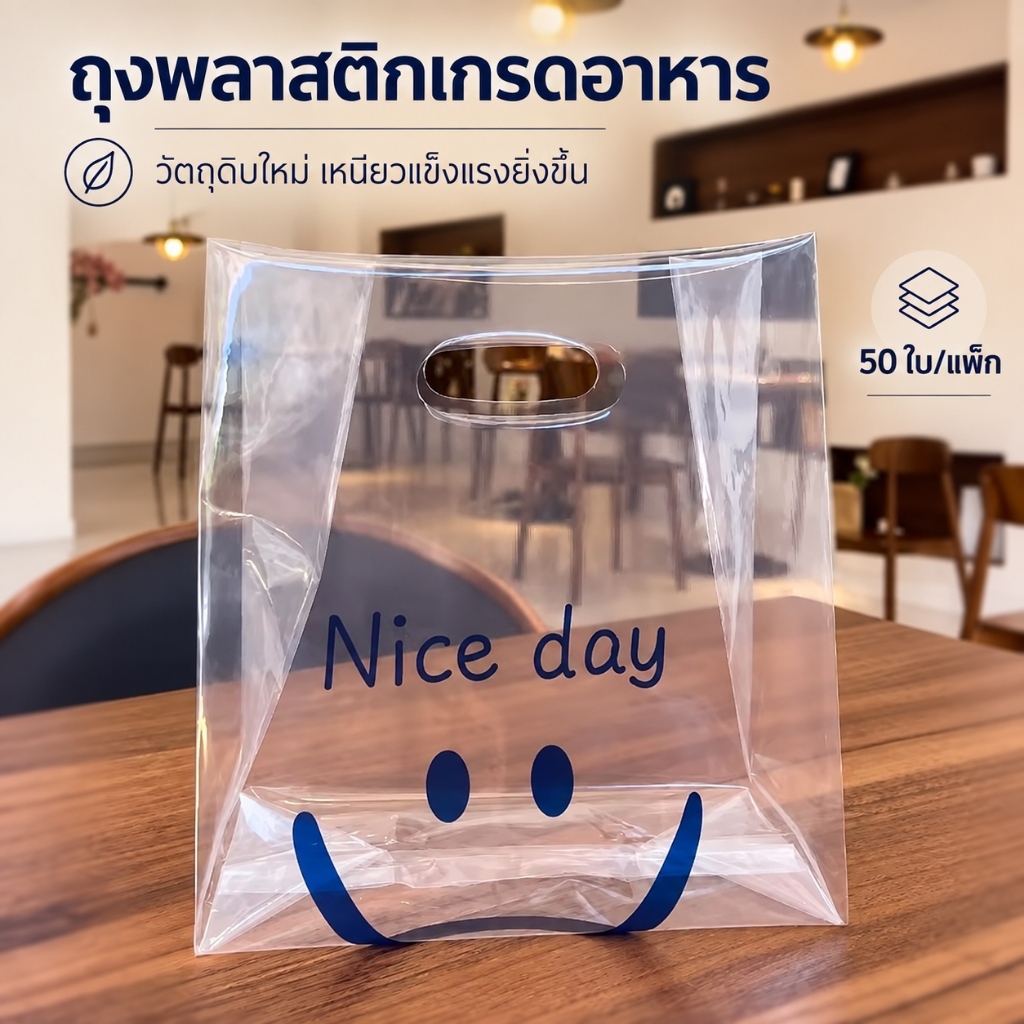 50ชิ้น ถุงบรรจุภัณฑ์ใสลายน่ารักแบบหนา สำหรับใส่ขนมและอาหารซื้อกลับบ้าน พกพาสะดวก รูปแบบเรียบง่าย ช่วยให้จัดเตรียมสิ่งของเป็นระเบียบ เปิดใช้ง่าย เหมาะสำหรับการใช้งานในแต่ละวัน ใช้สำหรับถือและนำสิ่งของกลับบ้านได้อย่างสะดวก เหมาะกับการจัดใส่ของตามความต้องการ