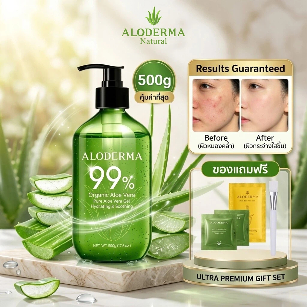 เจลว่านหางจระเข้แท้ 99% ขวดใหญ่ 500g เจลหลังแดด ผิวแห้ง แพ้ง่าย ให้ความชุ่มชื้นล้ำลึก ไม่เหนียวเหนอะหนะ ทาแล้วซึมไว เหมาะสำหรับผิวแห้งและผิว ALODERMA