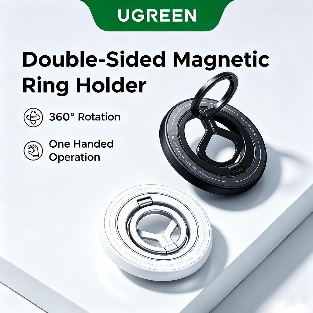 UGREEN ที่วางแหวนโทรศัพท์แบบแม่เหล็กสองด้านอัพเกรดแม่เหล็กแรงกว่าสําหรับสิ่งที่แนบมา Firmer MagSafe N58 แม่เหล็ก – 360° ด้ามจับแบบปรับได้สําหรับ iPhone 17 Pro Huawei Mate 80