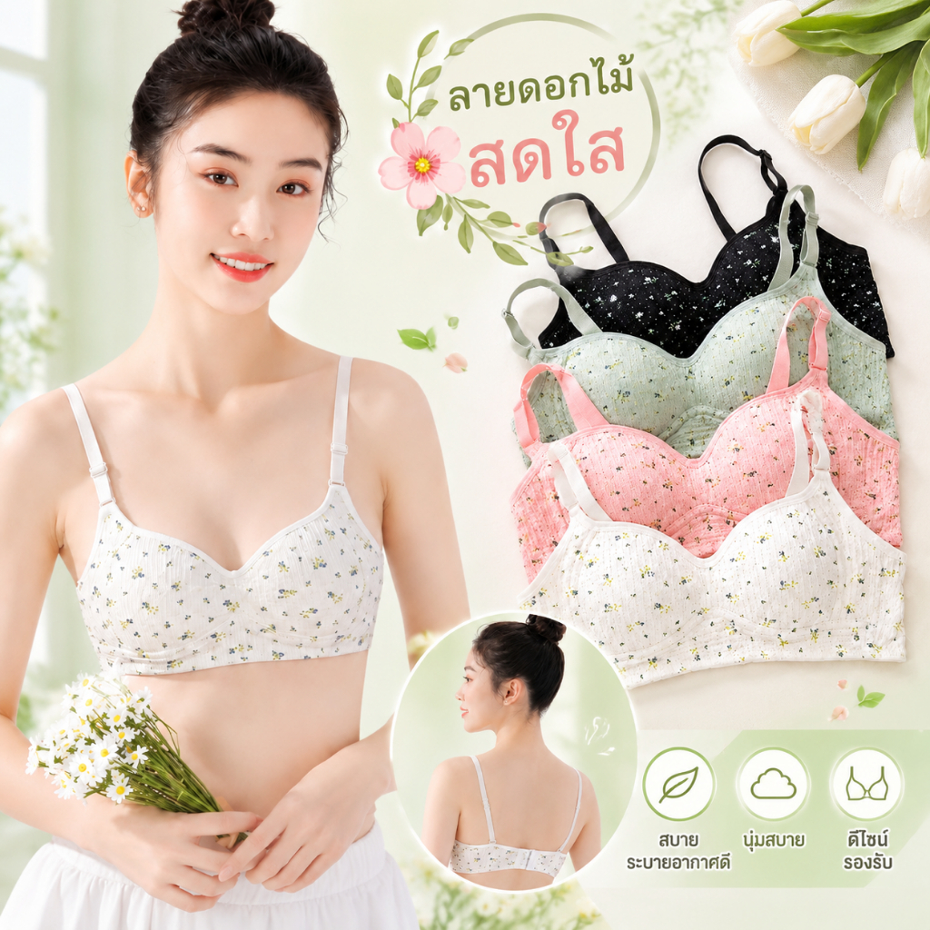 🎀 เสื้อชั้นในนักเรียนวัยรุ่น 💕 ช่วยดันทรงและเก็บกระชับ ลายดอกไม้สไตล์เกาหลีสุดน่ารัก 🌸 แบบไร้โครง เนื้อผ้านุ่ม ระบายอากาศได้ดี ใส่สบาย ✨ มีหลายสีให้เลือก — N96