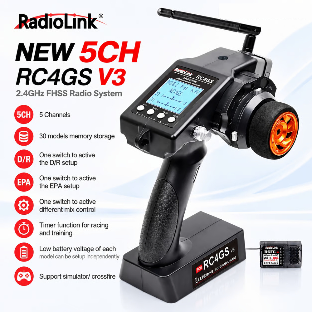 RadioLink RC4GS V3 2.4G 5CH 400M ระยะทางรีโมทคอนโทรลเครื่องส่งสัญญาณ + R6Fg Gyro Inside Receiver รุ่