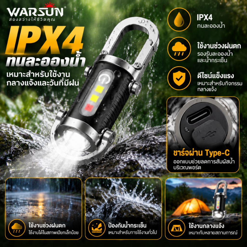 Warsun LY906 ไฟฉาย EDC พวงกุญแจ ไฟฉายขนาดเล็ก LED ชาร์จ Type-C COB ไฟด้านข้าง 7 โหมด กันน้ำ พกพา — صورة 3