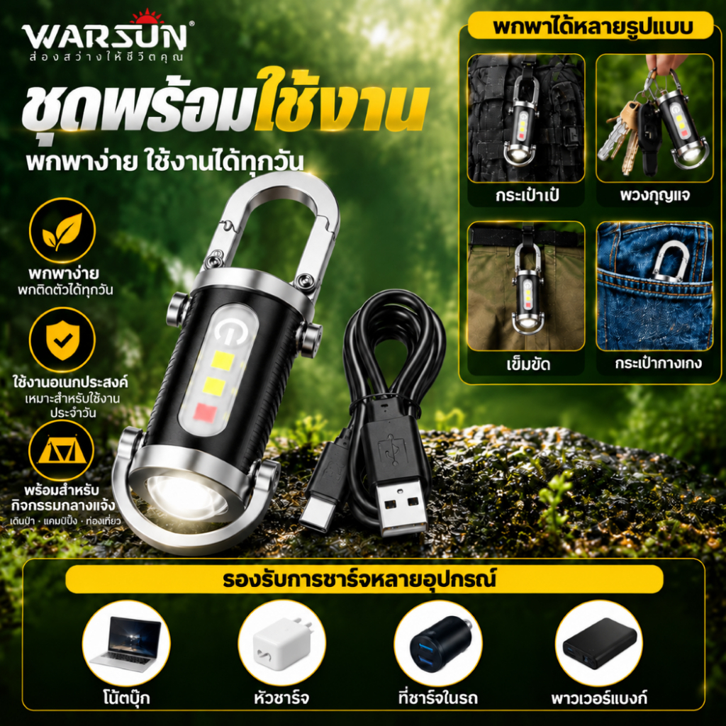 Warsun LY906 ไฟฉาย EDC พวงกุญแจ ไฟฉายขนาดเล็ก LED ชาร์จ Type-C COB ไฟด้านข้าง 7 โหมด กันน้ำ พกพา — صورة 2