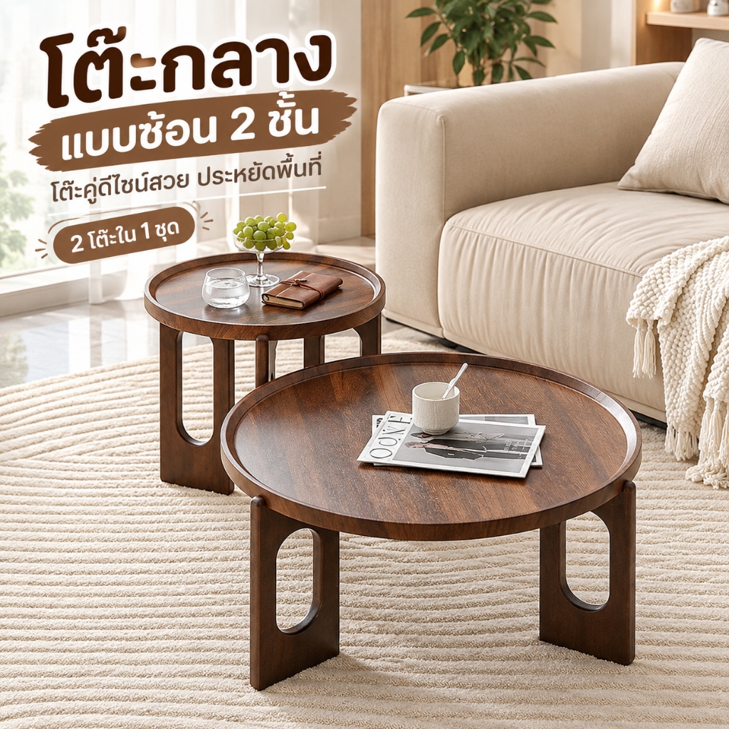 โต๊ะกลางแบบซ้อน 2 ชั้น โต๊ะคู่ทรงกลม ดีไซน์โมเดิร์น ประหยัดพื้นที่ สำหรับห้องนั่งเล่น