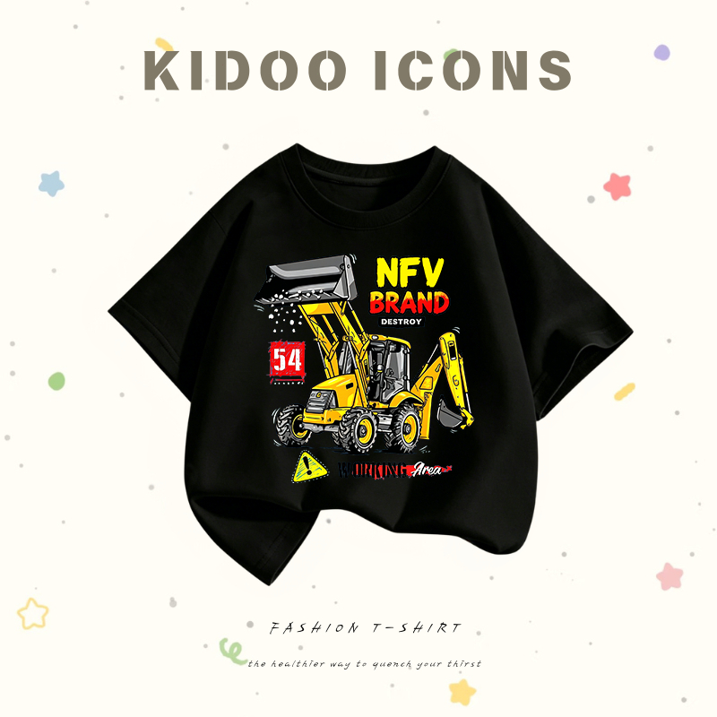 KIDOO ICONS เสื้อเด็กฤดูร้อน สไตล์ลำลอง ทรงหลวม ลายรถยนต์การ์ตูน ผ้าฝ้าย 100%#TZSLN+5638