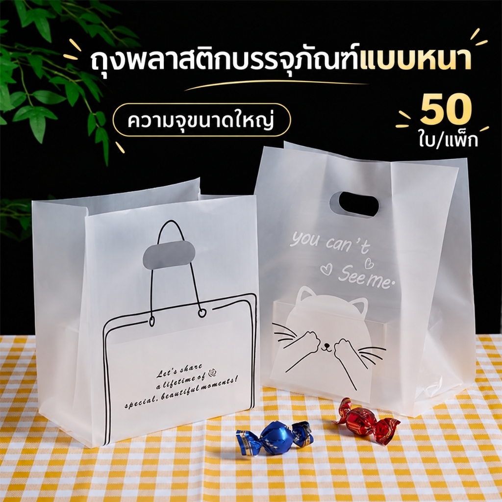 50 ใบ ถุงพลาสติกหูหิ้วเกรดอาหารแบบหนา ลายน่ารัก สำหรับใส่ขนมและอาหารซื้อกลับบ้าน หูหิ้วแข็งแรง พกพาสะดวก เนื้อถุงทนทาน ช่วยป้องกันฝุ่นและสิ่งของหล่น ใส่ของง่าย จัดเก็บเป็นระเบียบ เหมาะสำหรับขนมอบ อาหารพร้อมรับประทาน และการใช้งานประจำวัน เหมาะสำหรับร้านค้า