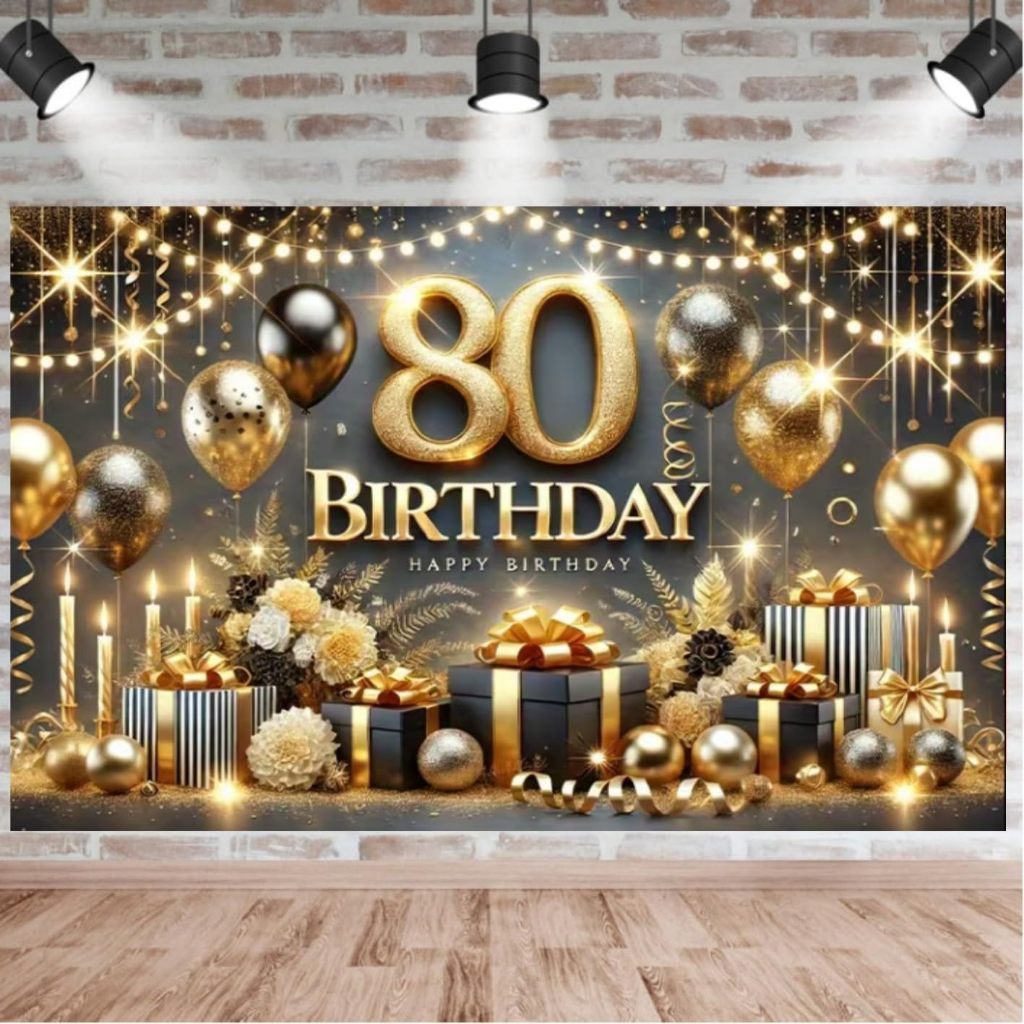 80th Birthday Party แบนเนอร์การถ่ายภาพฉากหลังสีดํา Golden Happy Birthday พื้นหลังแบนเนอร์สําหรับ Hap