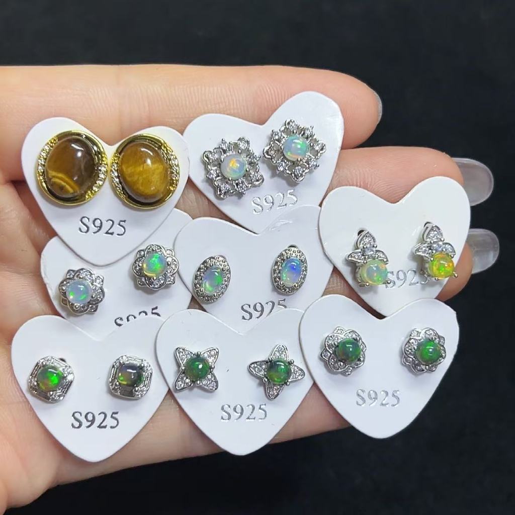ต่างหูเข็มเงิน S925 ชุดพร้อมหินตาเสือธรรมชาติ โอปอลสีขาว ต่างหูผู้หญิง Black Opal