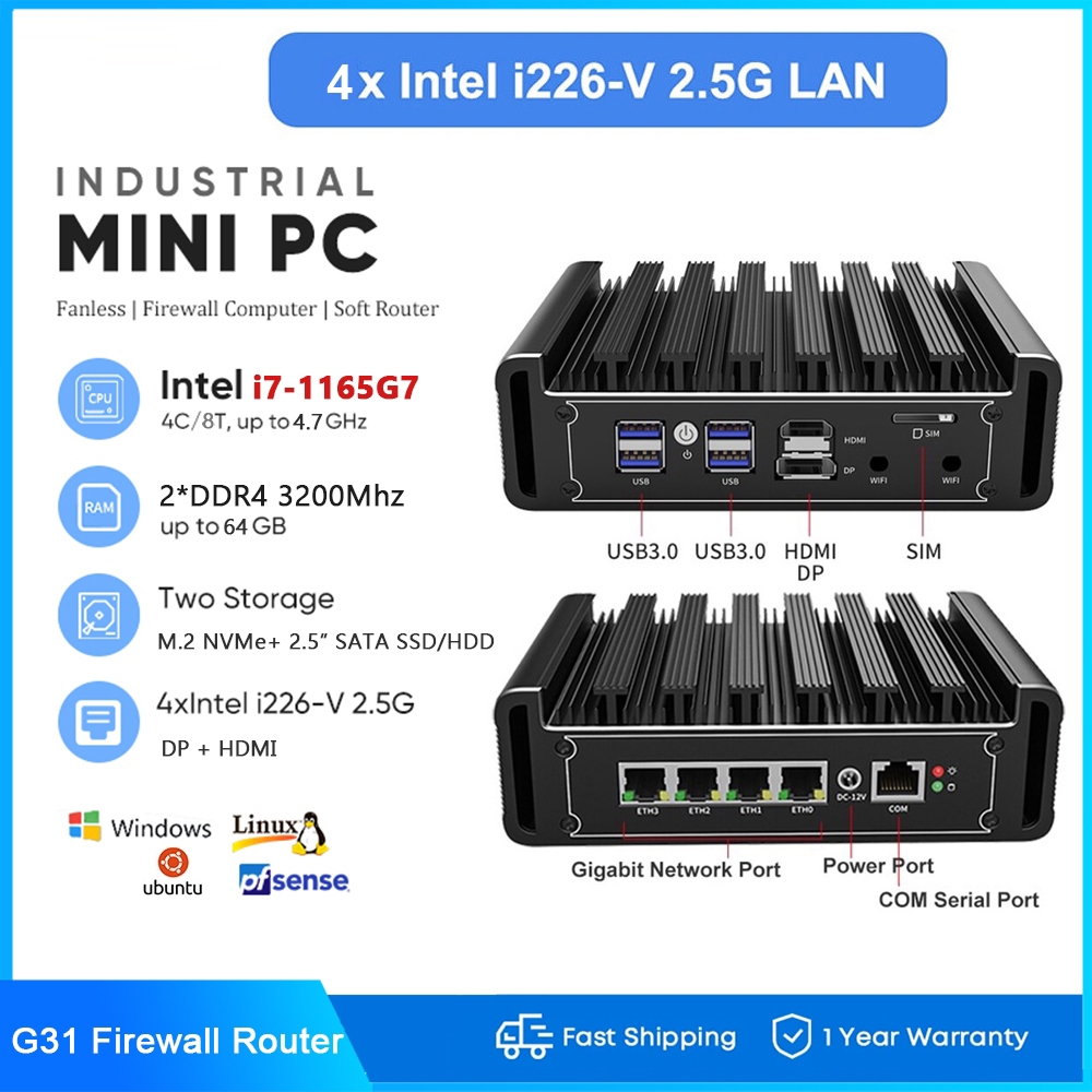 Fanless Firewall Mini PC Intel Celeron N5105 7305 I7 i3 4x I226-V 2.5G LAN PfSense Proxmox OPNsense 