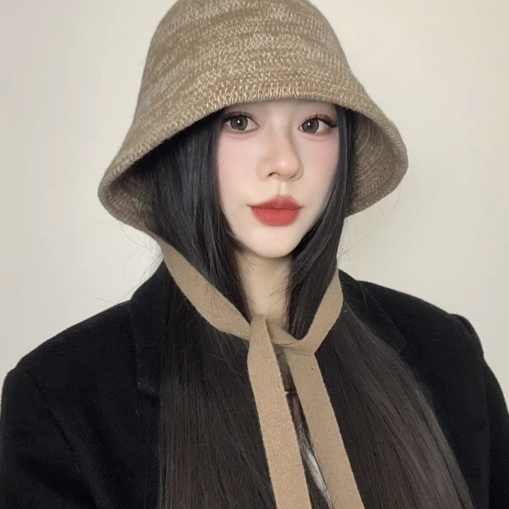 ยี่เฟน ฤดูใบไม้ร่วงฤดูหนาวกลับแยกออกแบบระบายอากาศดาวสไตล์เดียวกันสไตล์ญี่ปุ่นเส้นรอบวงหัวใหญ่ถักหมวกถังหญิงใบหน้าหมวกอ่างขนาดเ