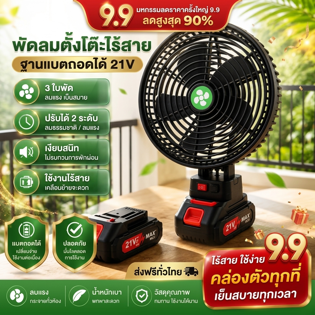 พัดลมแบตเตอรี่ลิเธียมขนาด 8 นิ้ว พัดลมพกพา พัดลมใช้แบตเตอรี่ ทนทานและทรงพลัง