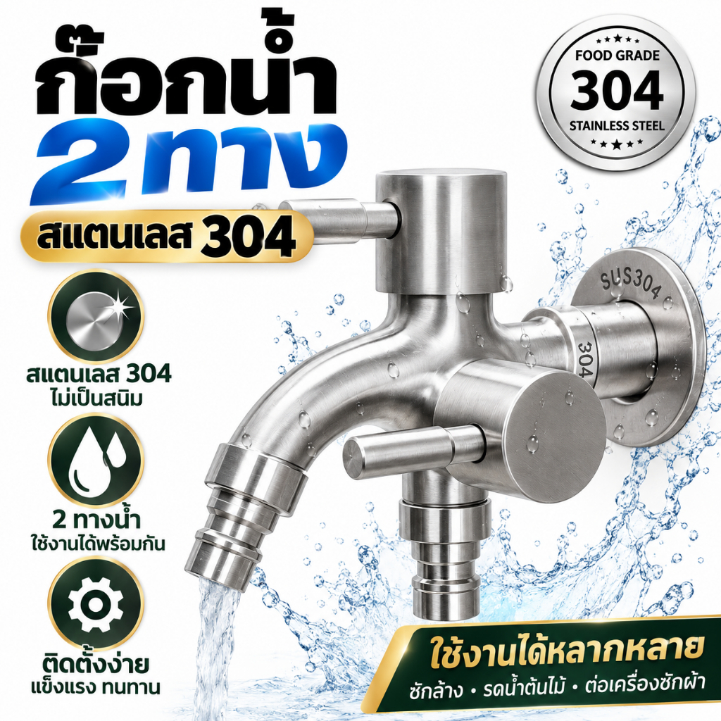 ก๊อกน้ำ 2 หัวหรือก๊อกน้ำ 2 ทาง สแตนเลส 304 ไม่เป็นสนิม ต่อท่อประปาจาก 1 ทาง ออกได้ 2 ทาง