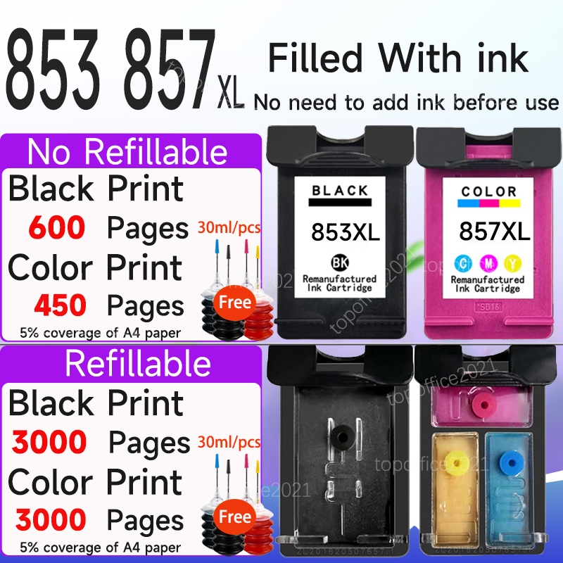 ใช้งานร่วมกับ hP 853 ตลับหมึก 857XL hP853 สีดํา hP857 สี hP 853 857 ตลับหมึกสําหรับ HP2608 K7108 720