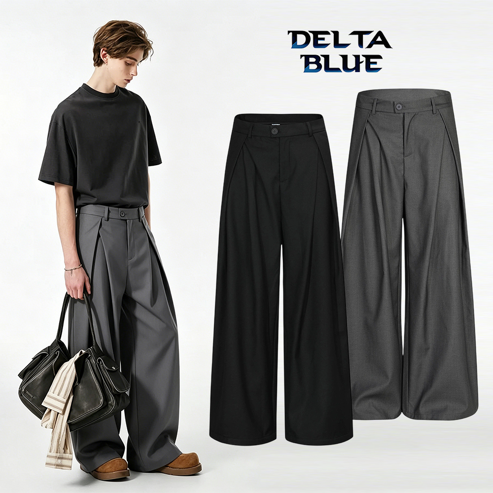 DELTA BLUE กางเกงสูทผู้ชายสีดำ/เทา ขากว้างทรงเอวสูง Cleanfit ทรงหลวมดี ไม่ยับ ใส่สบาย Unisex สไตล์มินิมอล 2026 ยอดฮิต【จัดส่งฟรี】
