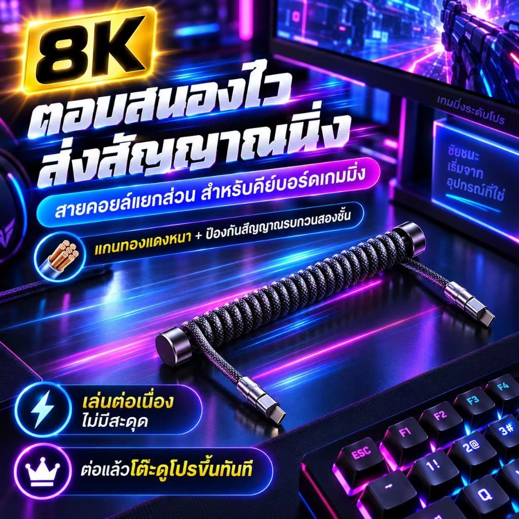 🔥 สายคอยล์คีย์บอร์ด 8K Gaming สายถักพรีเมียม หัว Aviation ถอดได้ สวย ทน เสถียร USB-C