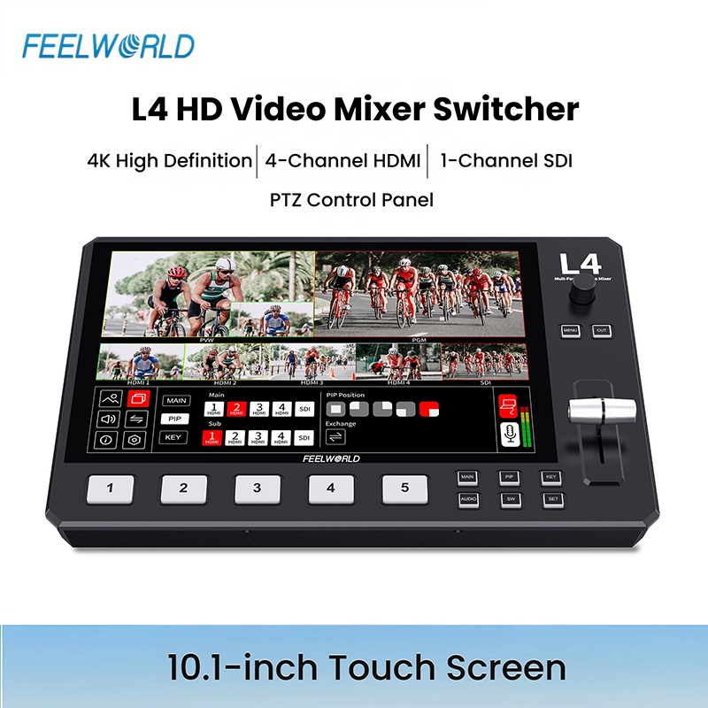 FEELWORLD L4 สวิตช์มิกเซอร์วิดีโอหลายกล้อง 10.1 "หน้าจอสัมผัส USB3.0 สตรีมมิ่งอย่างรวดเร็ว
