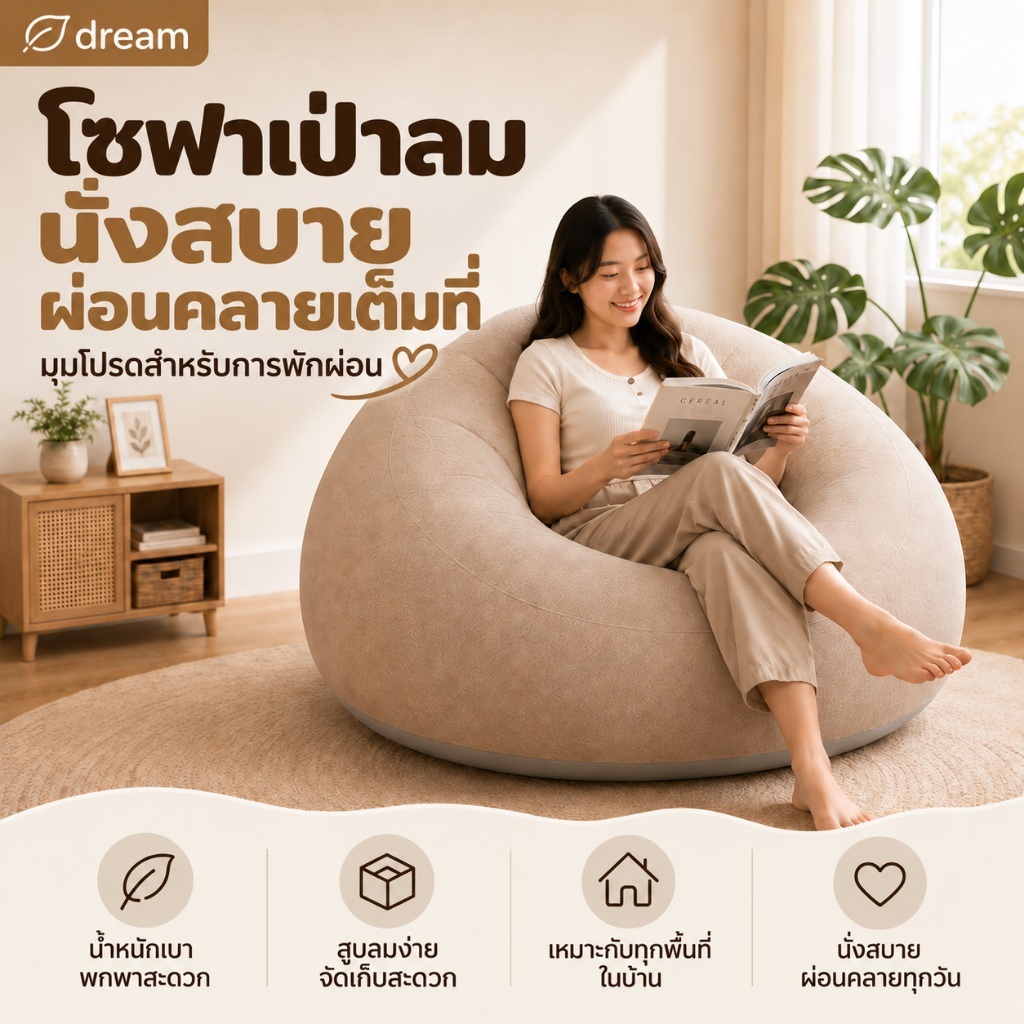 โซฟาเป่าลม เก้าอี้เป่าลมนั่งเล่น 105 ซม. โซฟานั่งสบาย น้ำหนักเบา พกพาง่าย พับเก็บประหยัดพื้นที่ สำหรับห้องนอน ห้องนั่งเล่น คอนโด