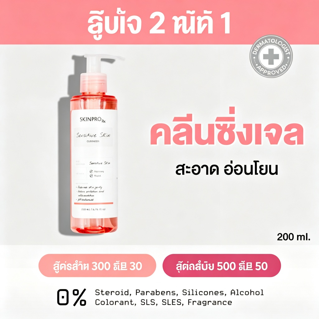 ซื้อ 2 แถม 1 – SKINPRO Rx Sensitive Cleanser, ฐานกรดอะมิโน, pH Balanced, Mild Foam, No Sulfates 200ml