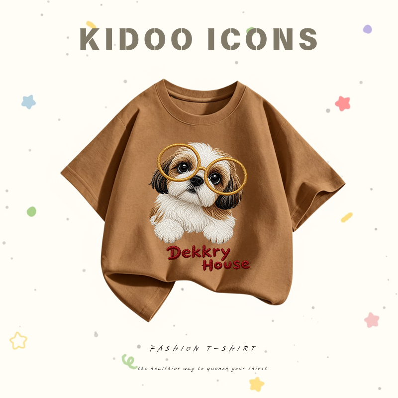 KIDOO ICONS เสื้อยืดเด็กคอกลมผ้าฝ้าย 100% ลายสุนัขชิสุใส่แว่นตา แขนสั้น สไตล์เกาหลี  #TZSLN+5629